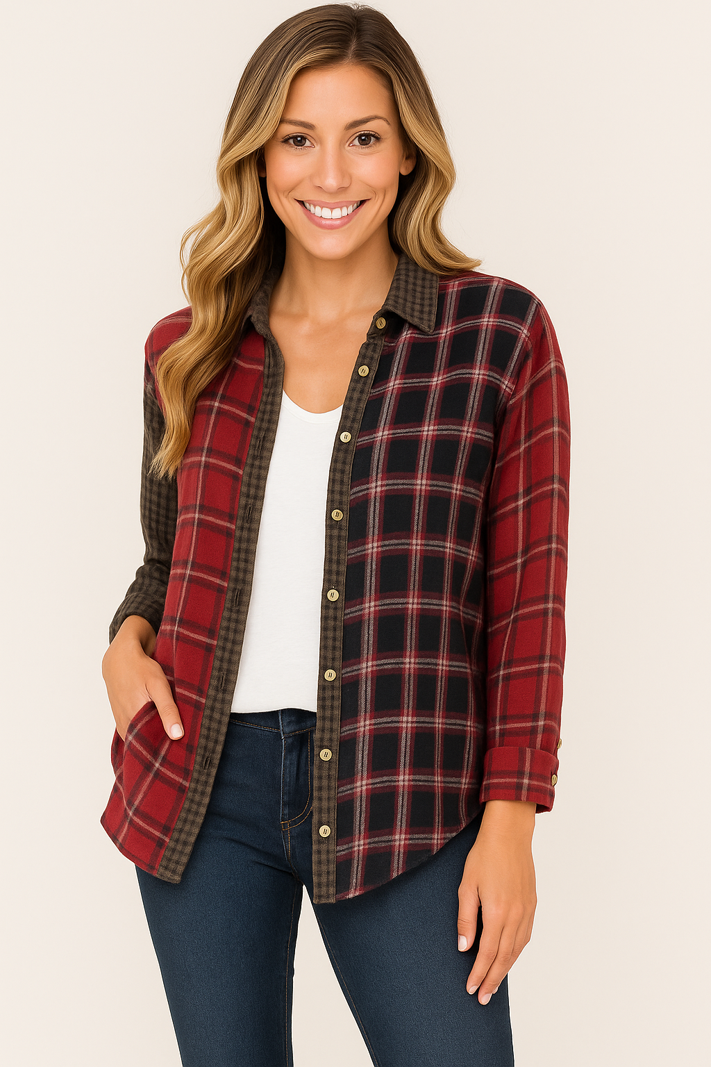 Pine Apparel Plaid Button Front Top