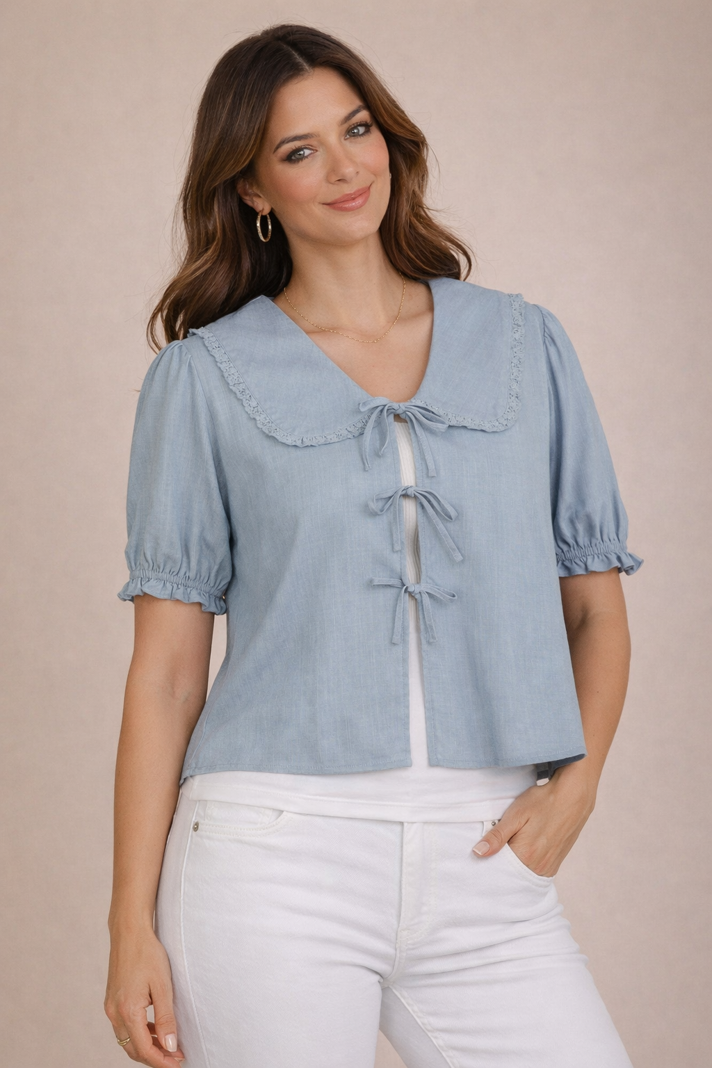 Pine Apparel Linen Tie Front Blouse