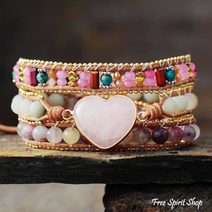 Free Spirit Rose Quartz Heart Wrap Bracelet