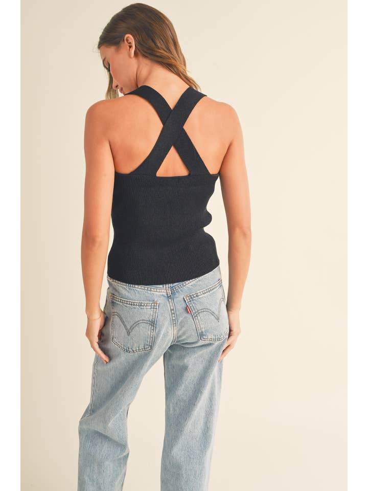 Miou Muse Metallic Knitted Cross Back Top