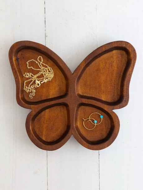 Natural Life Butterfly Carved Wood Trinket Dish