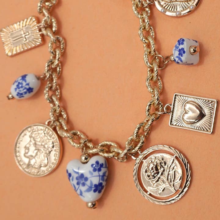 Blue Ceramic Coin Charm Bracelet