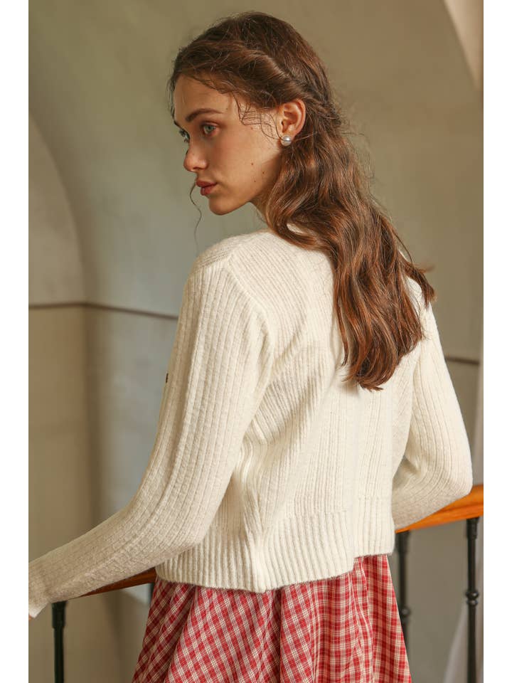 Plaid Bow Embellished Knit Cardigan