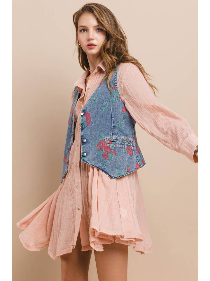 Wisteria Lane Vintage Floral Embroidered Denim Vest