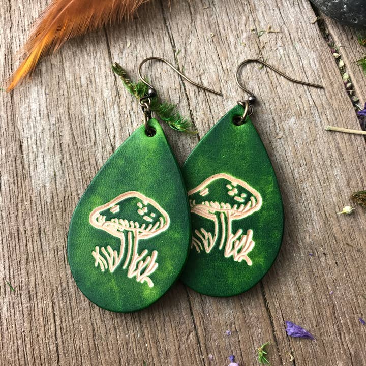 Boho Hippie Mushroom Leather Teardrop Earrings