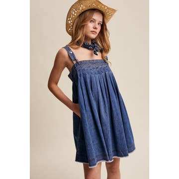 denim pleated dress Supima Pleated Denim Dress With Sculpted Bodice