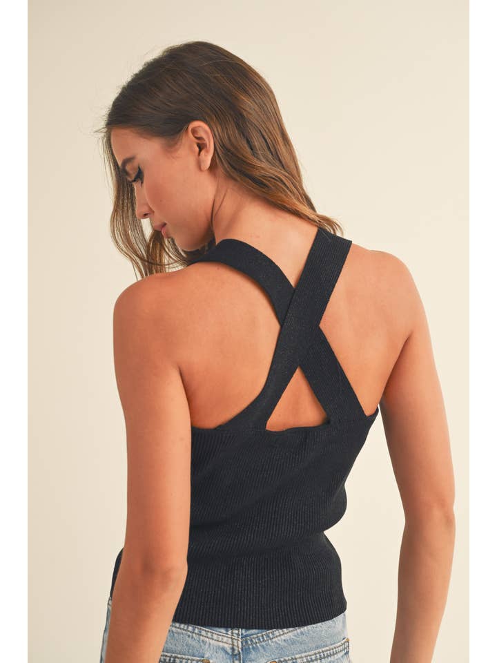 Miou Muse Metallic Knitted Cross Back Top