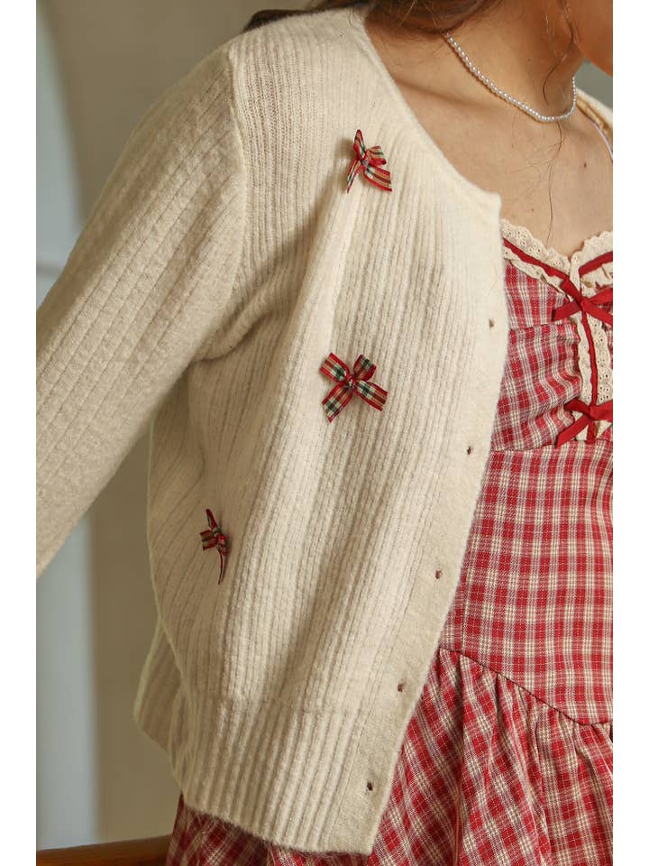 Plaid Bow Embellished Knit Cardigan