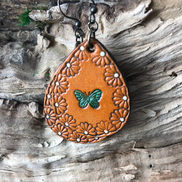 Boho Butterfly Leather Teardrop Earrings