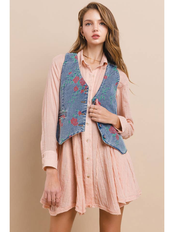 Wisteria Lane Vintage Floral Embroidered Denim Vest