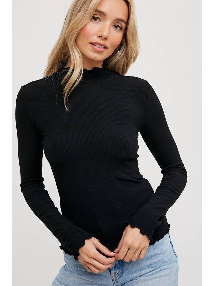 Bluivy Ribbed Knit Lettuce-Edge Mock Neck Top