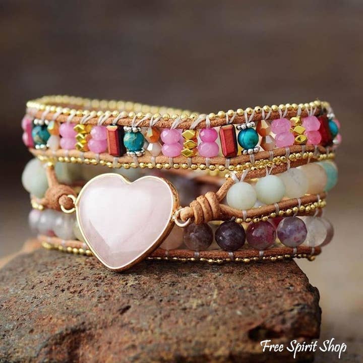 Free Spirit Rose Quartz Heart Wrap Bracelet