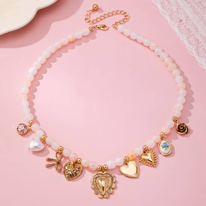 White Beaded Porcelain Heart Charm Necklace