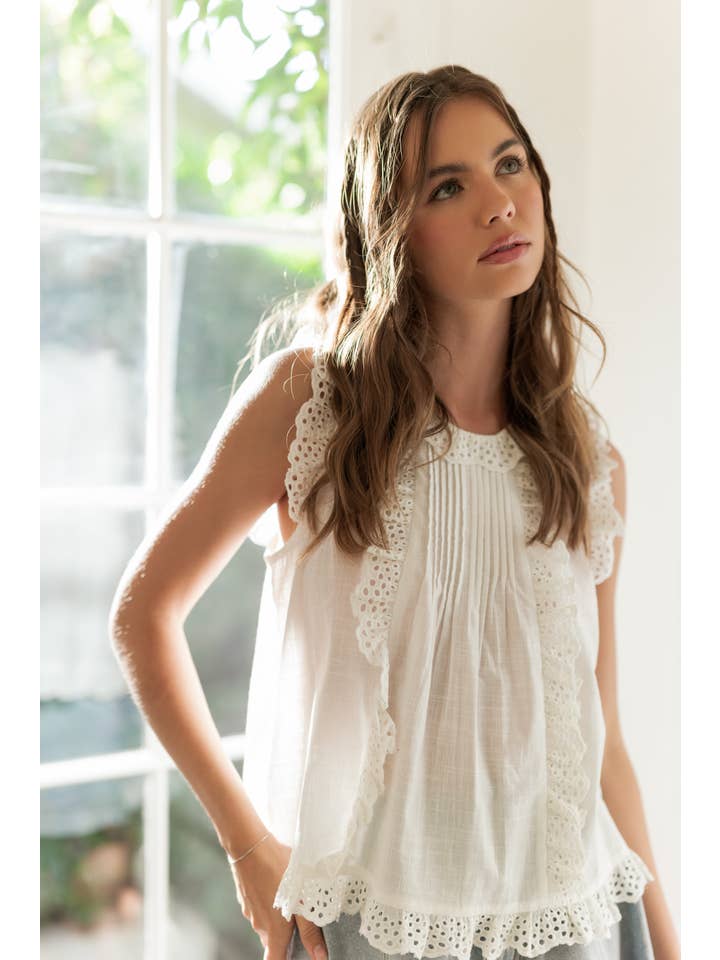 Miou Muse Eyelet Ruffle Trim Blouse