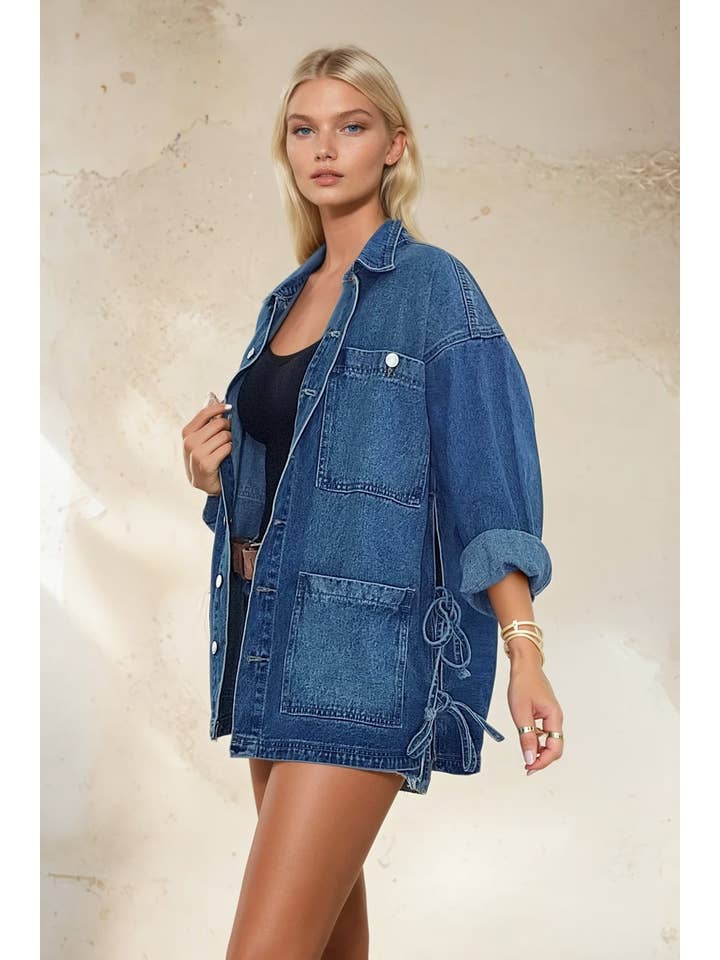 Wisteria Lane Side Tie Oversized Denim Jacket