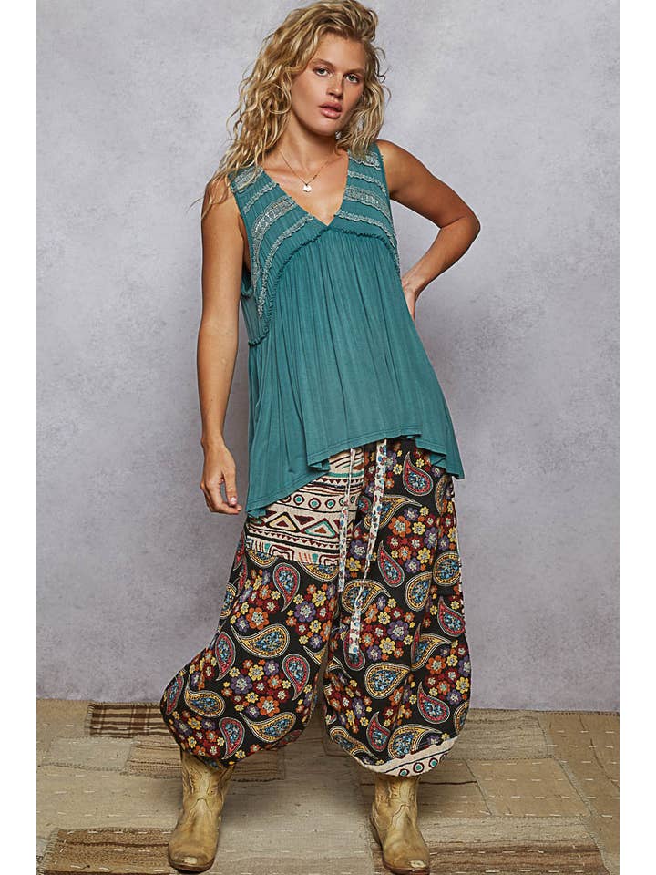POL Sleeveless V Neck Babydoll Top