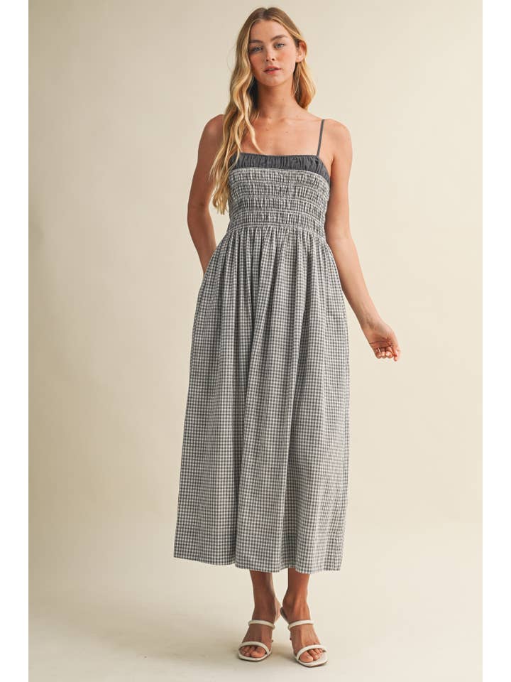 Mustard Seed Gingham Shirred Midi Dress