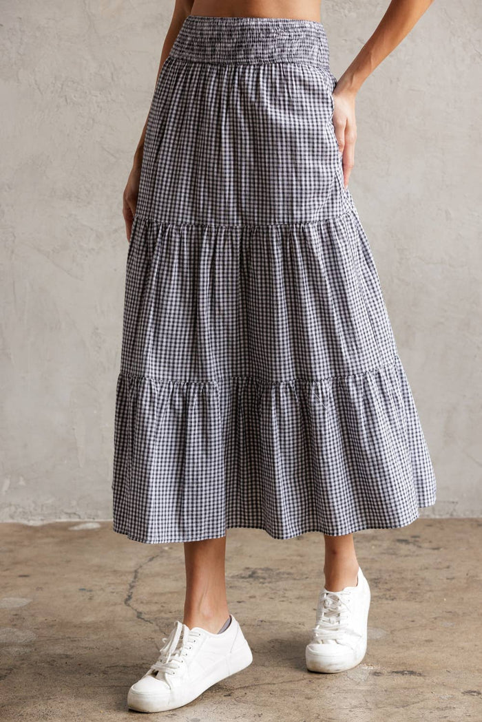 Storia Tiered Gingham Midi Skirt