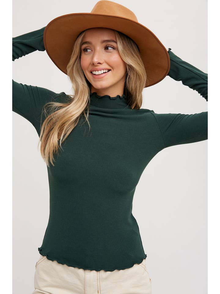 Bluivy Ribbed Knit Lettuce-Edge Mock Neck Top