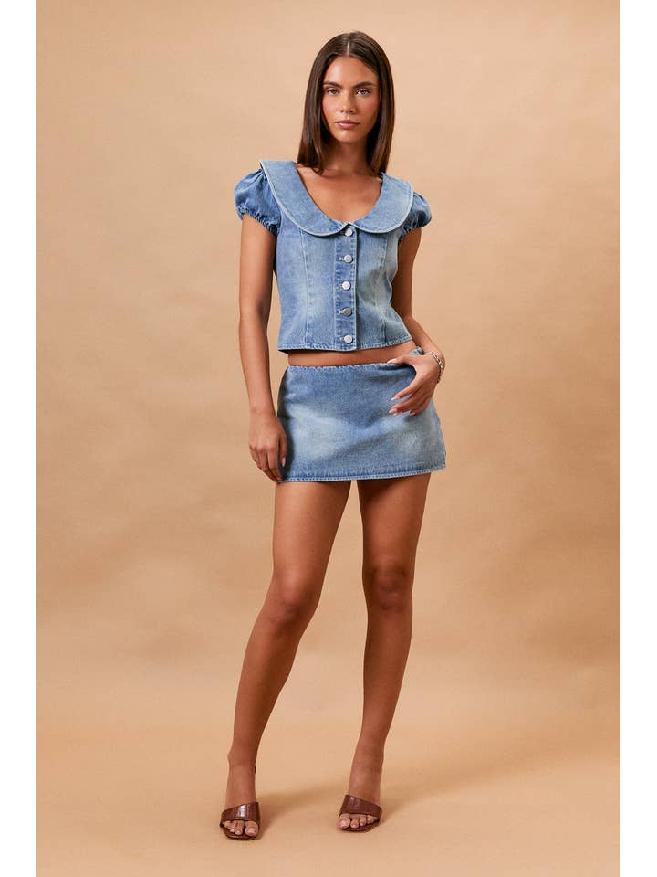 Le Lis Cap Sleeve Collard Denim Top