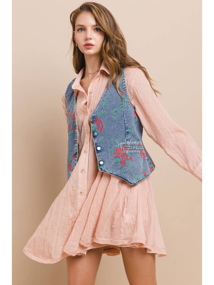 Wisteria Lane Vintage Floral Embroidered Denim Vest