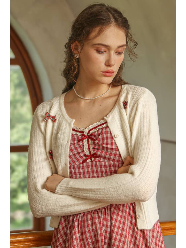 Plaid Bow Embellished Knit Cardigan