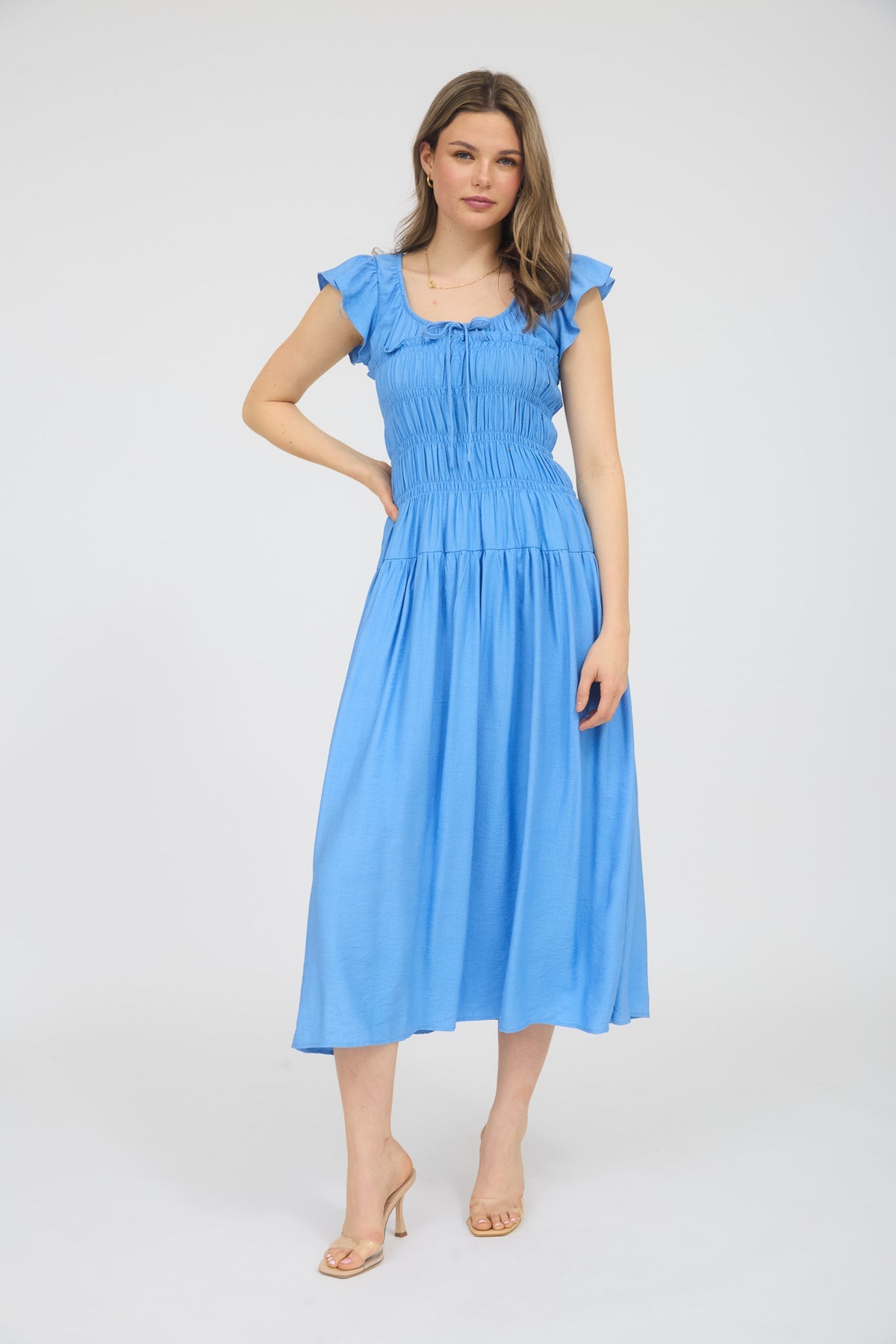 Blu Pepper Ruffle Sleeve Midi Drees