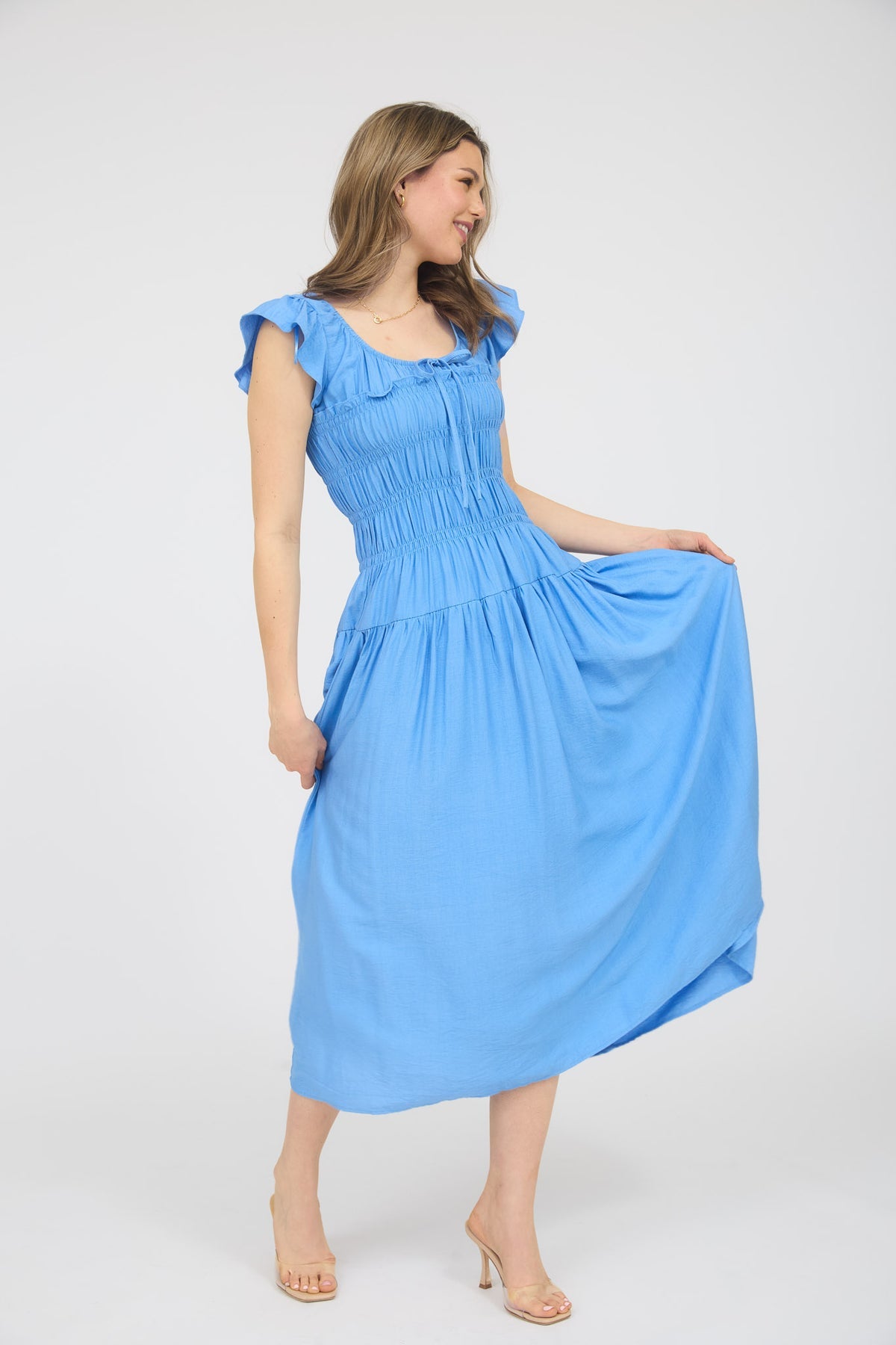 Blu Pepper Ruffle Sleeve Midi Drees