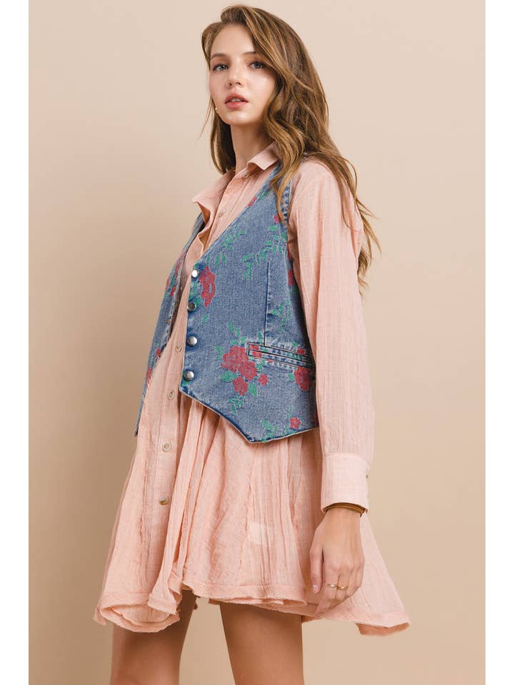 Wisteria Lane Vintage Floral Embroidered Denim Vest