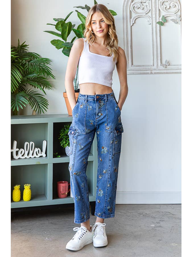Oli & Hali Flower Embroidered Denim Pants