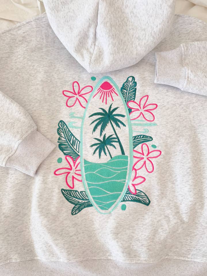 Sunkissed Coconut Surfing The Waves Embroidered Hoodie