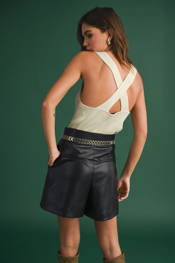 Miou Muse Metallic Knitted Cross Back Top
