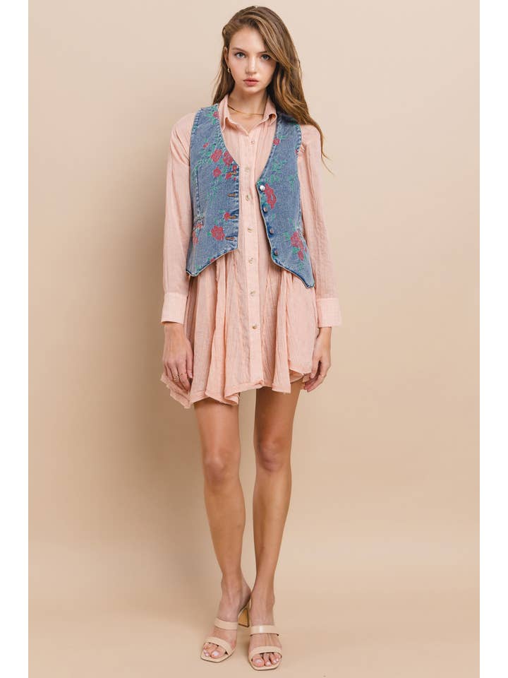 Wisteria Lane Vintage Floral Embroidered Denim Vest