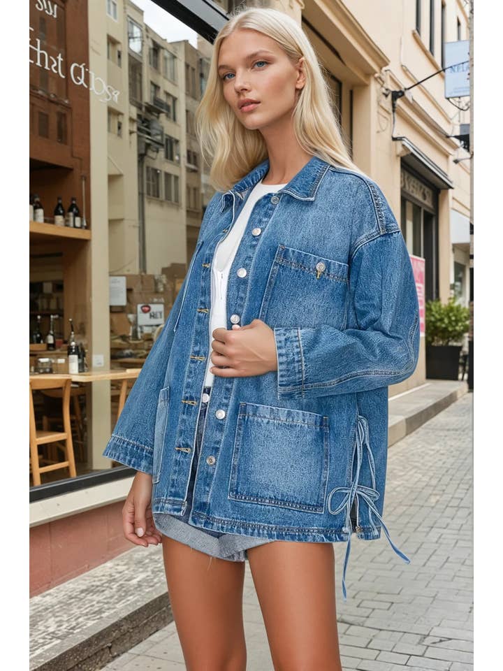 Wisteria Lane Side Tie Oversized Denim Jacket