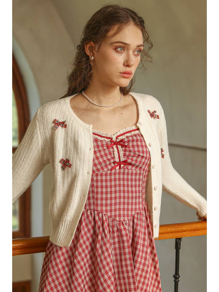 Plaid Bow Embellished Knit Cardigan