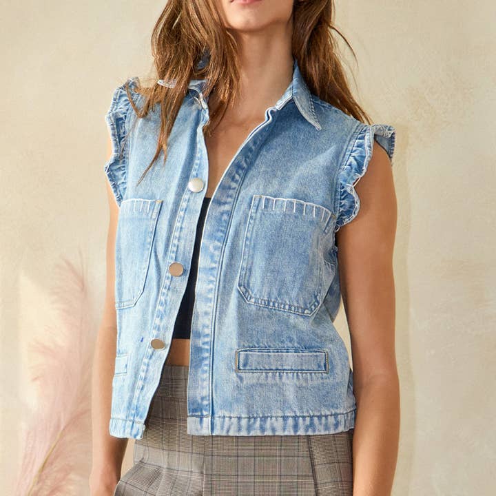 Bucketlist Ruffle Adorned Denim Vest