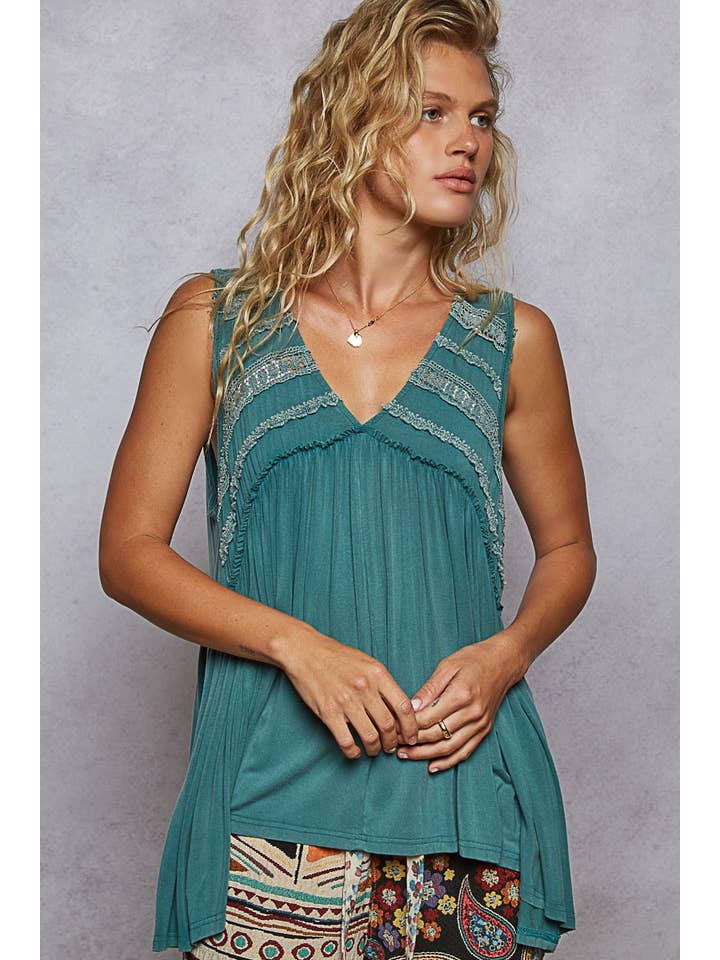 POL Sleeveless V Neck Babydoll Top