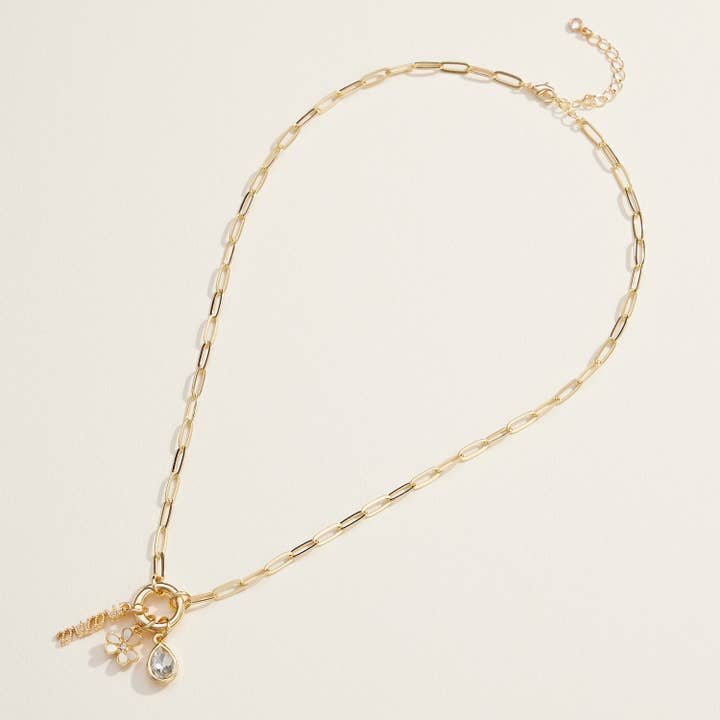 Mama Floral Charm Paperclip Chain Necklace