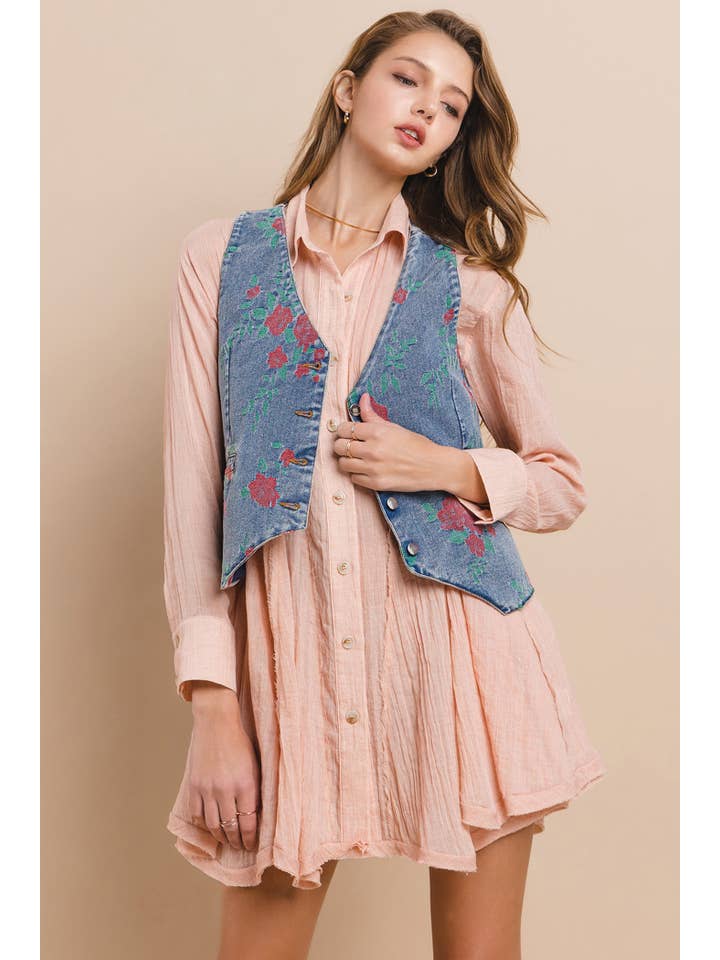 Wisteria Lane Vintage Floral Embroidered Denim Vest