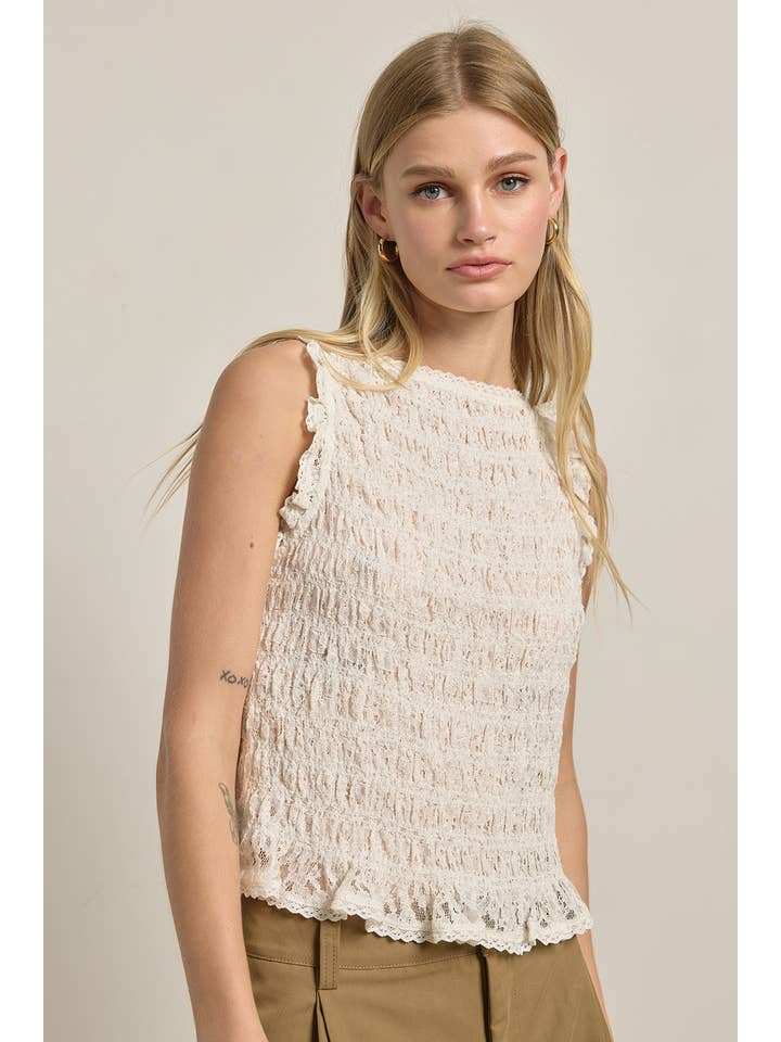 Smocked Lace Trim Sleeveless Top