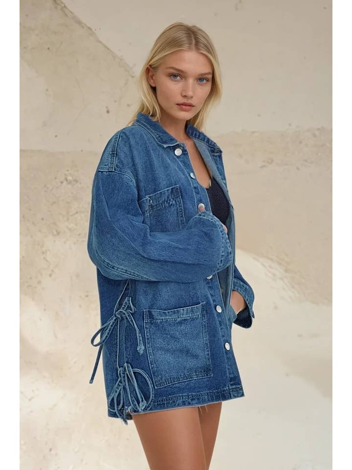 Wisteria Lane Side Tie Oversized Denim Jacket
