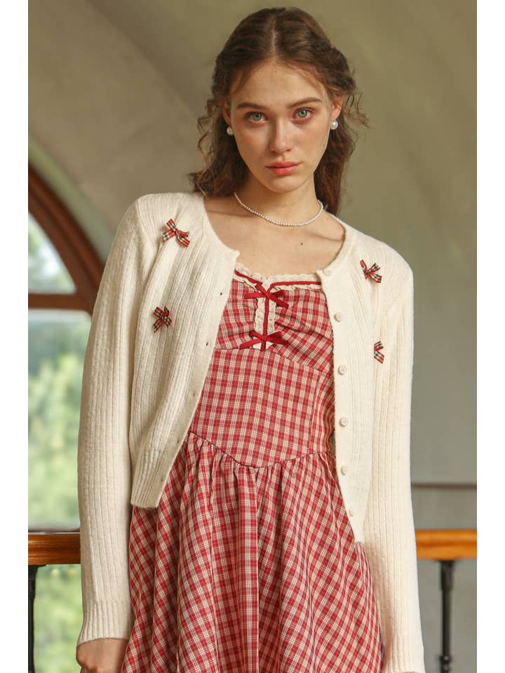 Plaid Bow Embellished Knit Cardigan