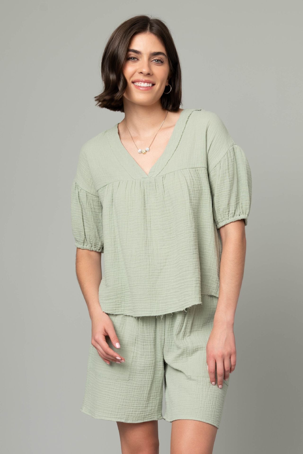 Cotton Gauze V-Neck Puff Sleeve Top