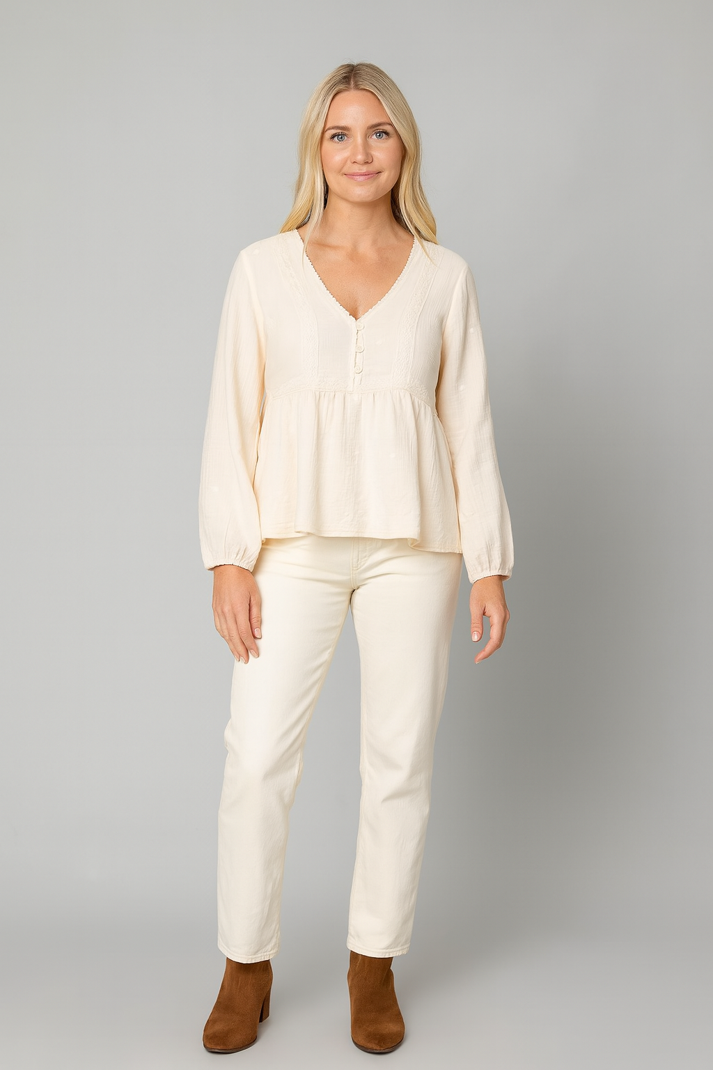 Pine Apparel Embroidered Balloon Sleeve Blouse