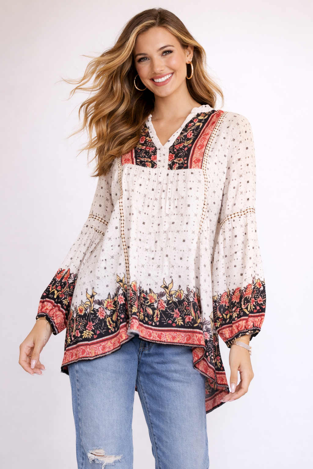 Floral Challis V-Notch Blouse