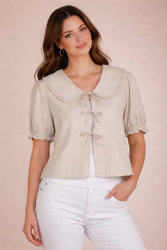 Pine Apparel Linen Tie Front Blouse