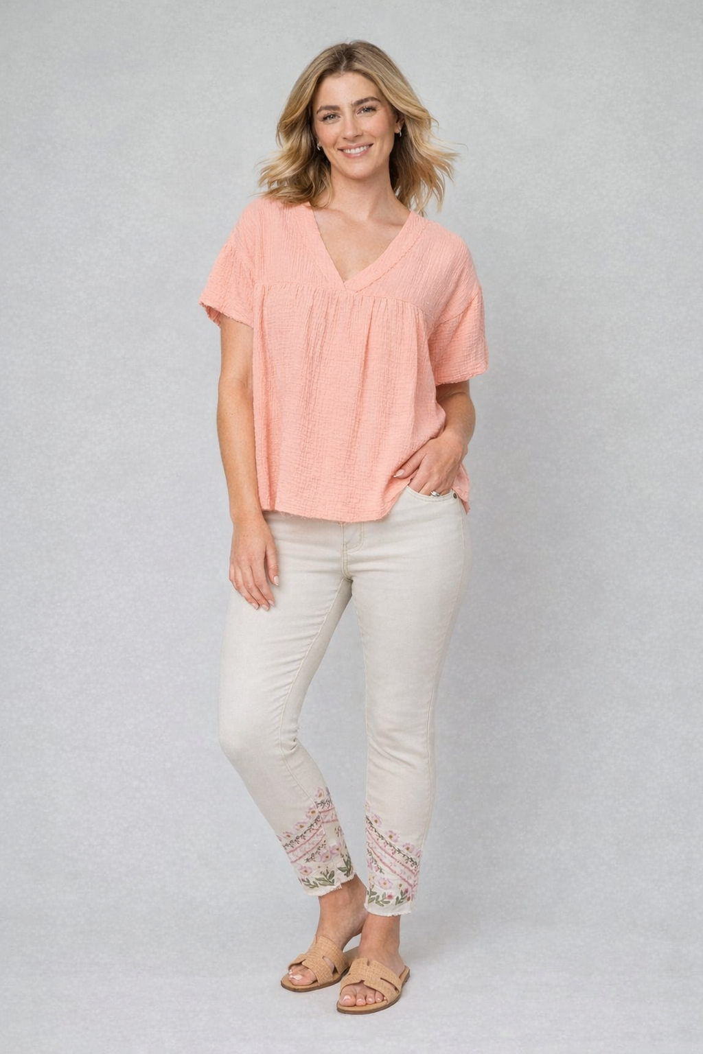Cotton Gauze V-Neck Puff Sleeve Top