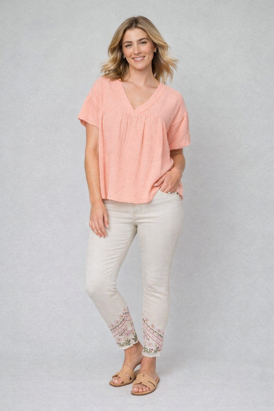 Cotton Gauze V-Neck Puff Sleeve Top