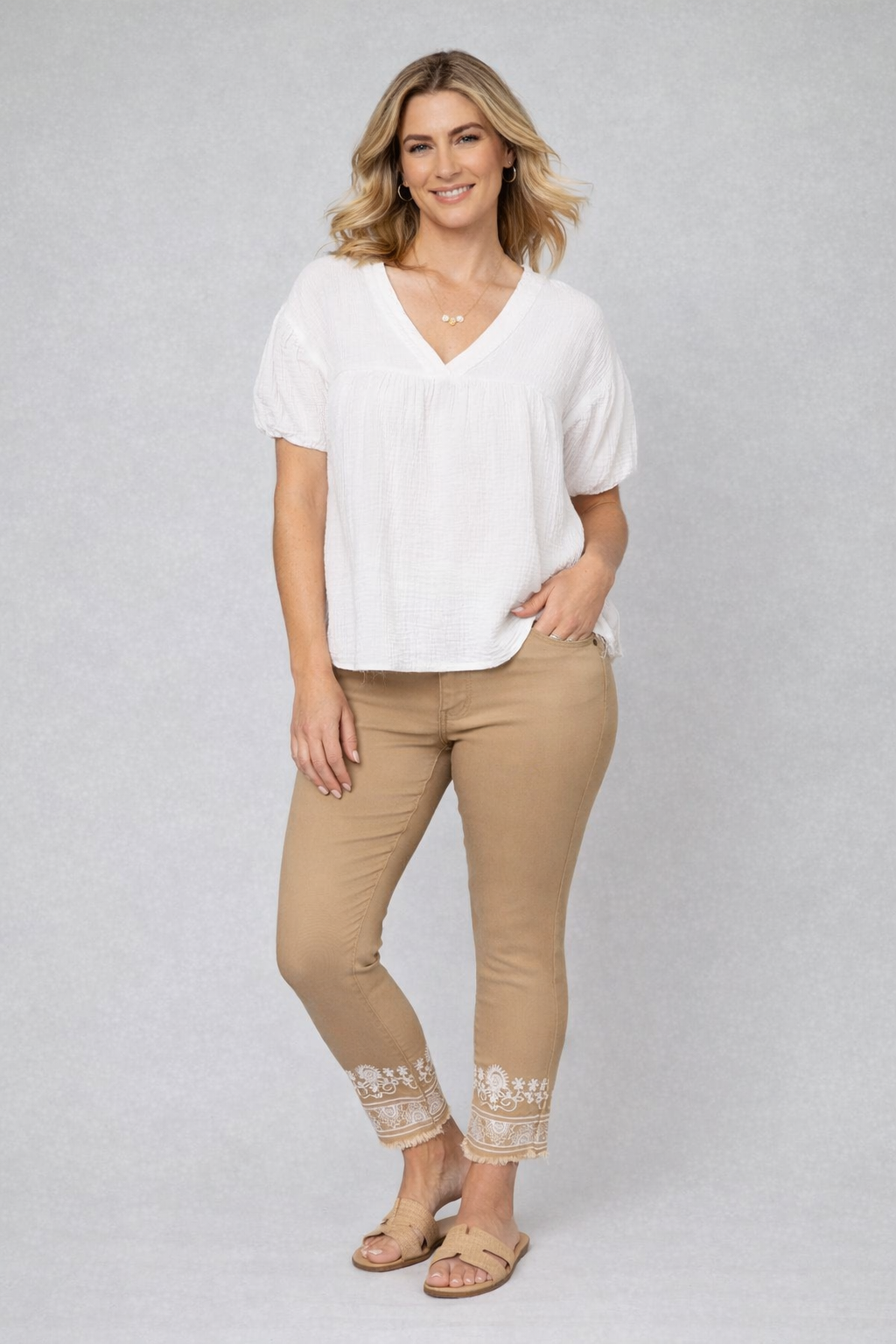 Cotton Gauze V-Neck Puff Sleeve Top