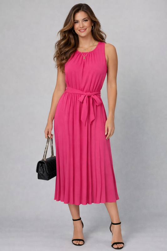Self Sash Pleated Midi Dress